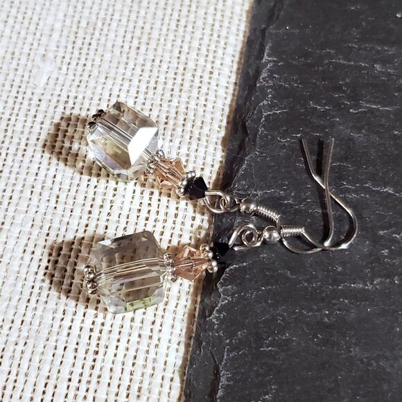 Faceted Czech Crystal Clear Pink Black Silver Cube and Bicone Earrings - Picture 5 of 9
